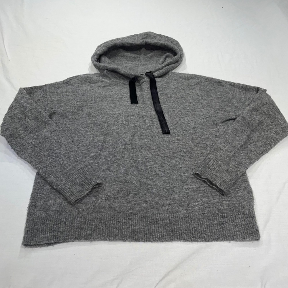 Banana Republic Womens Gray Wool Blend Knit Hoodie Sweater Size M Ribbon Ties
